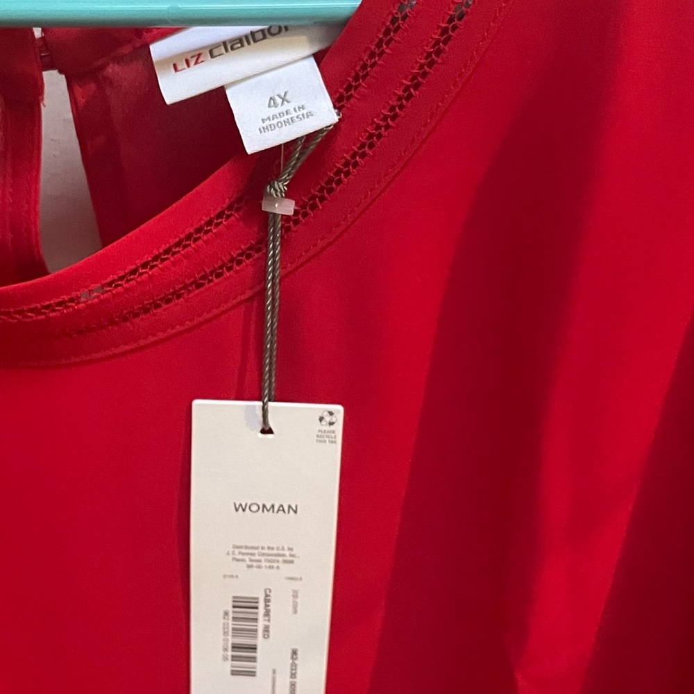 Red Liz Claiborne blouse, x4, details on neck and sleeves, large sleeves flair